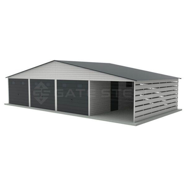 Garaż blaszany 12m x 6m, 3x brama uchylna + wiata 3m x 6m